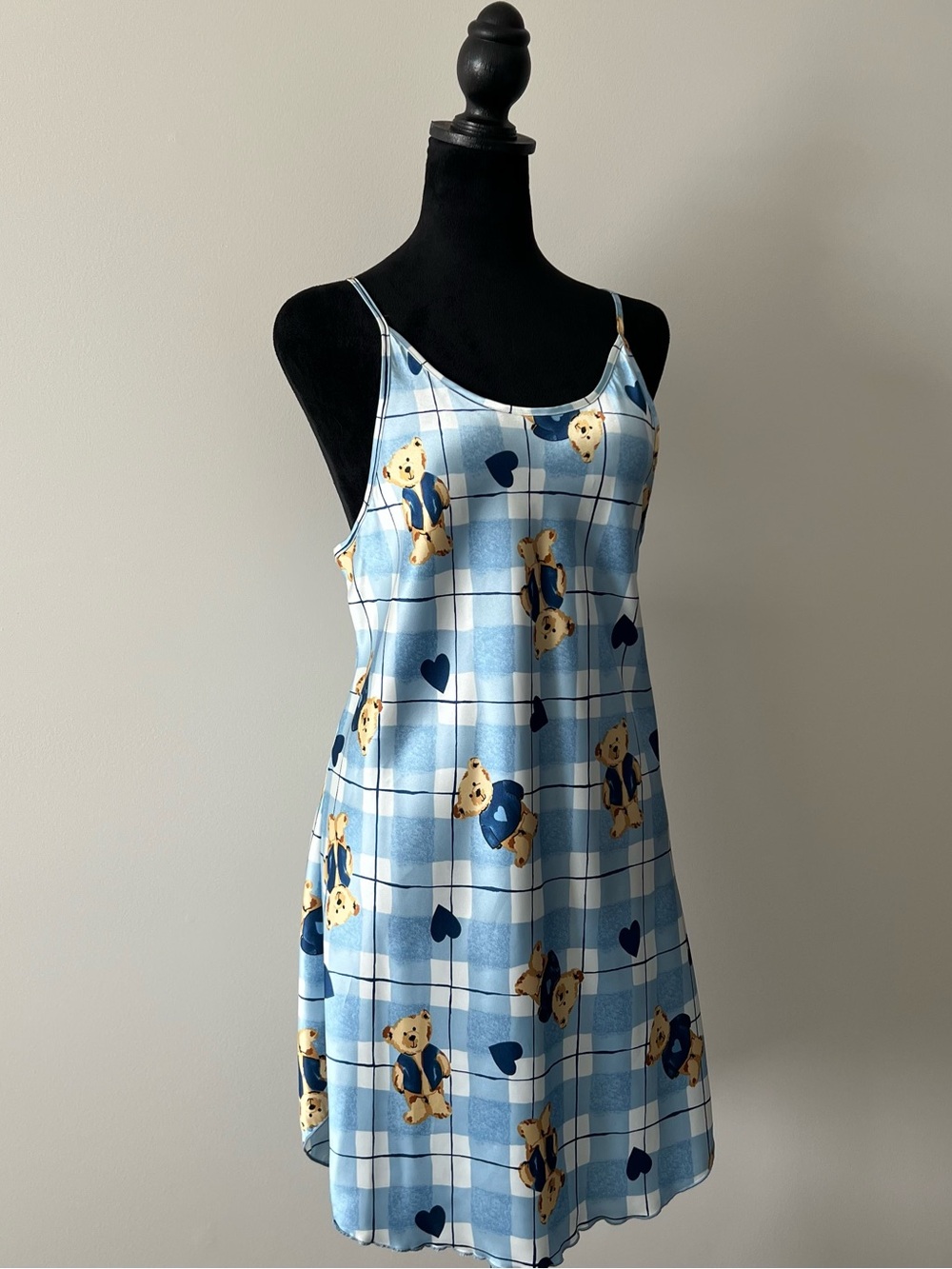 Vintage Secret Treasures Light Blue Teddy Bear and Heart Print Satin Slip Dress